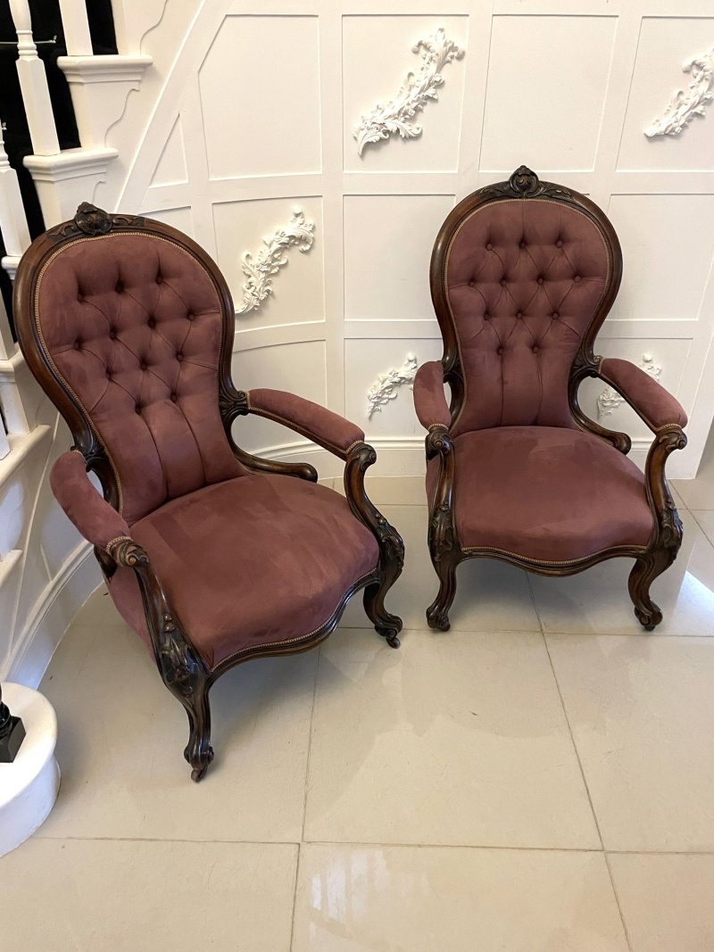 Unusual Pair of Antique Victorian Quality Carved Walnut Armchairs - Image 2